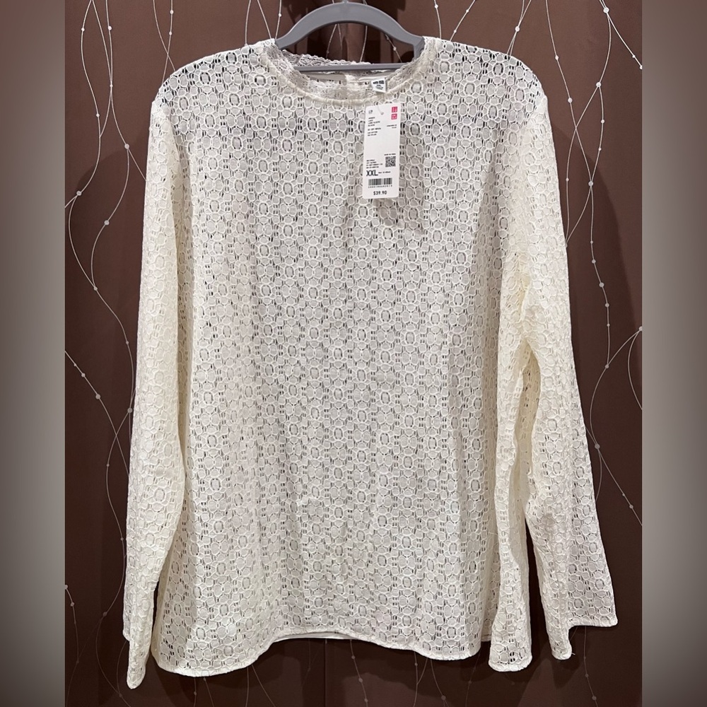 UNIQLO Lace Long Sleeve Blouse Off-White Cotton Blend Sheer Pullover Size XXL